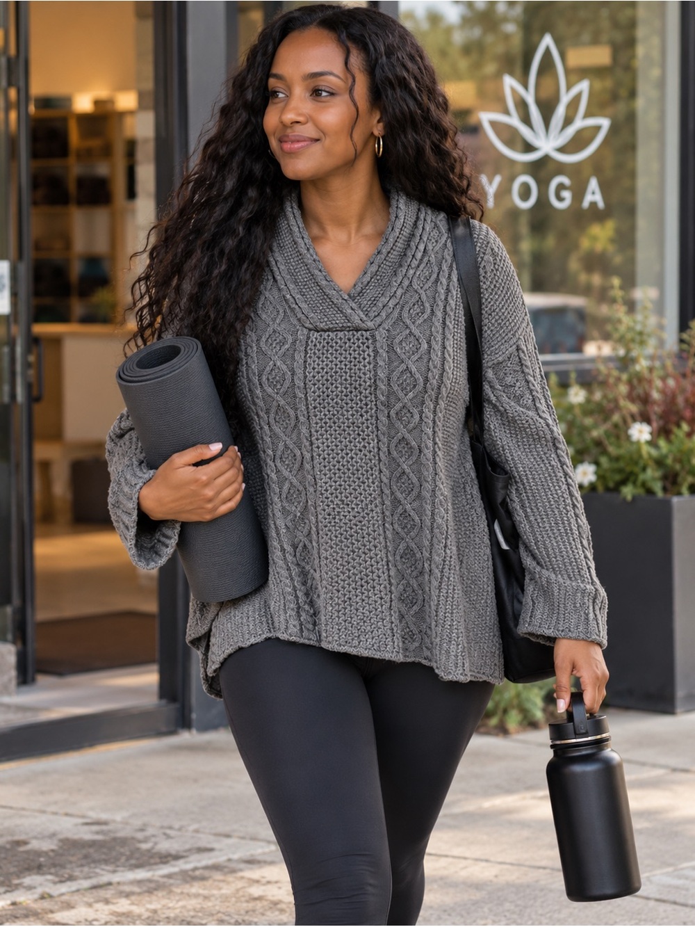 JEANNE PIERRE Charcoal Cable-Knit Shawl V-Neck Sweater